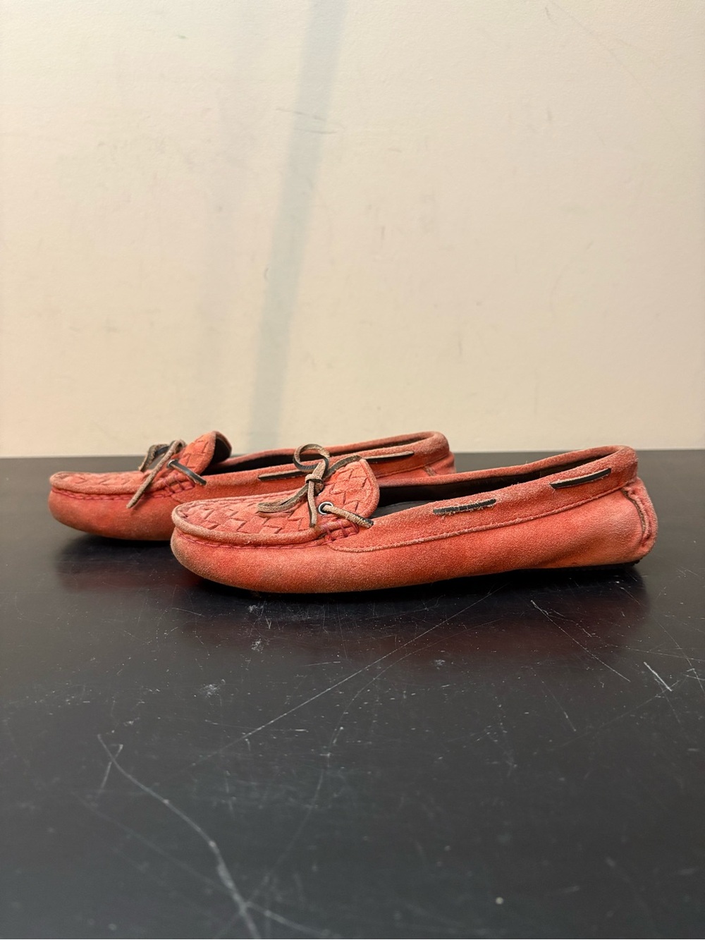 Bottega Veneta Intrecciato Woven Suede Loafers Orange